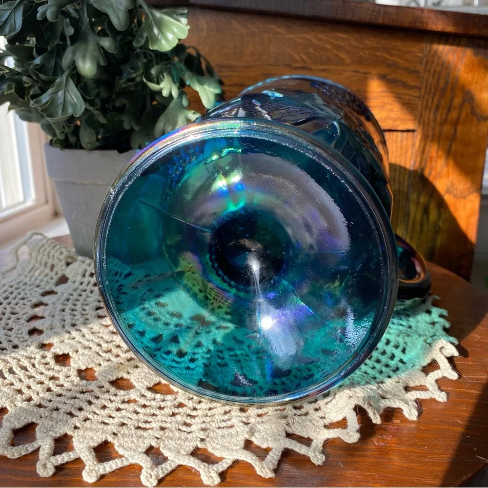 1970's VTG Indiana BLUE CARNIVAL GLASS Harvest Grape Iridescent Large Pitcher.